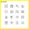 Universal Icon Symbols Group of 16 Modern Outlines of gear, parcel, space, package, plumbing