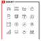 Universal Icon Symbols Group of 16 Modern Outlines of signature, document, cube, notepad, lock