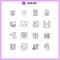 Universal Icon Symbols Group of 16 Modern Outlines of video, delete, medicine, hobby, audio