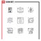 Universal Icon Symbols Group of 9 Modern Outlines of delete, location, accounting, map, fire