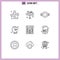 Universal Icon Symbols Group of 9 Modern Outlines of human, cloud, glass, rank, military