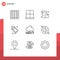 Universal Icon Symbols Group of 9 Modern Outlines of keyboard, soap, drink, cleaning, bathroom