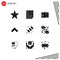 Universal Icon Symbols Group of 9 Modern Solid Glyphs of meat, camping, pass, forward, arrow