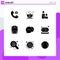 Universal Icon Symbols Group of 9 Modern Solid Glyphs of plate, message, fire, communication, transport