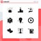 Universal Icon Symbols Group of 9 Modern Solid Glyphs of video, light, security, bulb, pie