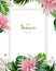 Universal invitation, congratulation card with green tropical palm, monstera leaves and Aechmea blooming flowers on the