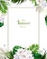 Universal invitation, congratulation card with green tropical palm, monstera leaves and magnolia blooming flowers on the