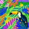 Universal vector illustration with tropical leaves,flowers and toucan