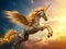 A universe electric colored unicorn, gold - colored equipment on the unicorn, majestic unicorn with wings flying through the cloud