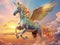 A universe electric colored unicorn, gold - colored equipment on the unicorn, majestic unicorn with wings flying through the cloud