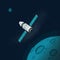 Universe or outer space with planets and spaceship vector illustration, flat cartoon flying satellite orbit station near