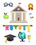 University building vector illustration. Flat school education elementary high college icons isolated. Graduation