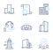 University campus, Lighthouse and Skyscraper buildings icons set. Vector