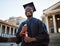 University diploma, graduation and portrait of a black man at campus to celebrate success in school. Scholarship, pride