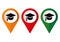 University location icon. Map pointer silhouette symbol. Student`s hat pinpoint. College nearby. Vector illustration