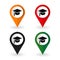 University location icon. Map pointer silhouette symbol. Student`s hat pinpoint. College nearby. Vector illustration