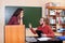 University Professor Explain Young Girl Student Standing At Platform Classroom