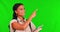 University student, green screen and woman face pointing to college choice and menu steps. Studio, mock up space and