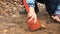 Unknown child playing with sand in sandbox