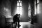 unknown depressed man praying alone indoor in the church