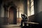 unknown depressed man praying alone indoor in the church