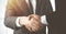 Unknown diverse business people are shaking hands finishing contract signing in sunny office, close-up. Business