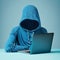 Unknown invisible man in blue sweater sits in front of laptop, invisible man, hacker, anonymous, man without face,