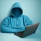 Unknown invisible man in a blue sweater sits in front of a laptop, invisible man, hacker, anonymous, man without a face,