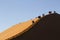 Unknown people climbing up the dune to see sunrise in namibia