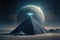 Unknown planet. Alien spacecraft landed near pyramid