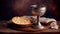 Unleavened bread, chalice of wine, silver kiddush wine cup on red background. Communion still life. Christian