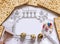 Unleavened bread - matzah, quail eggs, seven-branched candlestick, festive napkin for Jewish Passover Holiday,