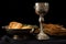 Unleavened bread with silver chalice of wine. Christian communion concept for reminder of Jesus sacrifice. Generative AI