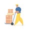 Unloading boxes with goods. Male character in uniform with wheelbarrow carrying crates