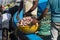 Unloading a fishing boat in the port of southern India.