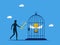 Unlock achievements. Businessman uses a key to release a trophy in a birdcage. business concept