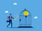Unlock the freedom to learn new things. Businessman winds up a light bulb balloon in a cage