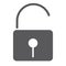 Unlock glyph icon, security and padlock, lock sign, vector graphics, a solid pattern on a white background.