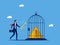 Unlock problems or fix problems. Businessman unlocking exclamation mark in birdcage