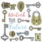 Unlock your future banner vector illustration. Open and closed vintage padlock. Secret or mystery. Cartoon set of keys