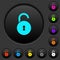 Unlocked round padlock with keyhole dark push buttons with color icons