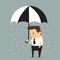 Unlucky businessman being wet from raining instead he holding um