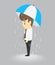 Unlucky businessman being wet from raining instead he holding um