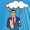 Unlucky businessman standing holding umbrella cloud being wet from raining.