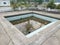 unmaintained outdoor swimming pool with algae floating on the water surface.