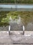 unmaintained outdoor swimming pool with algae floating on the water surface.