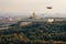 Unmanned military drone flies in the sky over Moscow , 3d rendering. Concept: combat strike drone, aerial attack on Kremlin,