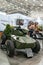 Unmanned strike tank. Front view of a small combat unmanned wheeled vehicle at the international exhibition ARMS AND SECURITY -