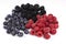 Unmixed piles of blueberries, blackberries and raspberries on white background