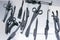 Unnatural medical instruments and accessories for virtual surgery. Plastic forceps, clamps, medical devices for 3D operations